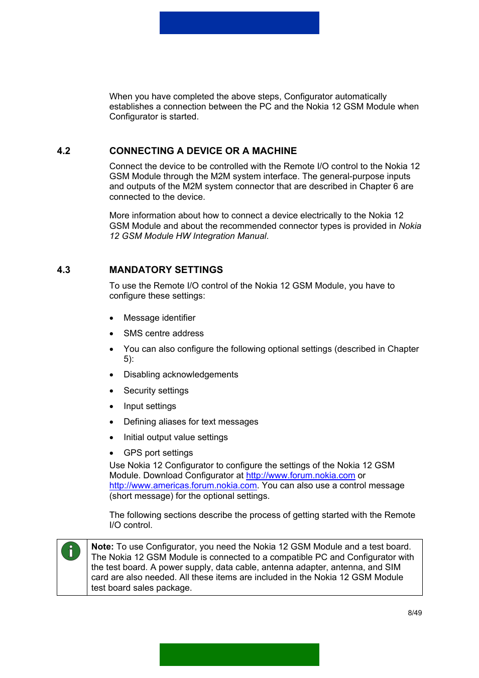 Connecting a device or a machine, Mandatory settings | Nokia 12 GSM MODULE REMOTE I/O User Manual | Page 12 / 53