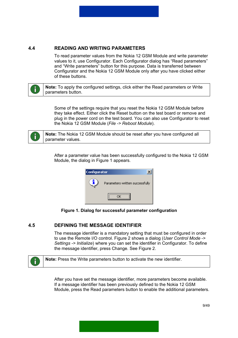 Reading and writing parameters, Defining the message identifier | Nokia 12 GSM MODULE REMOTE I/O User Manual | Page 13 / 53