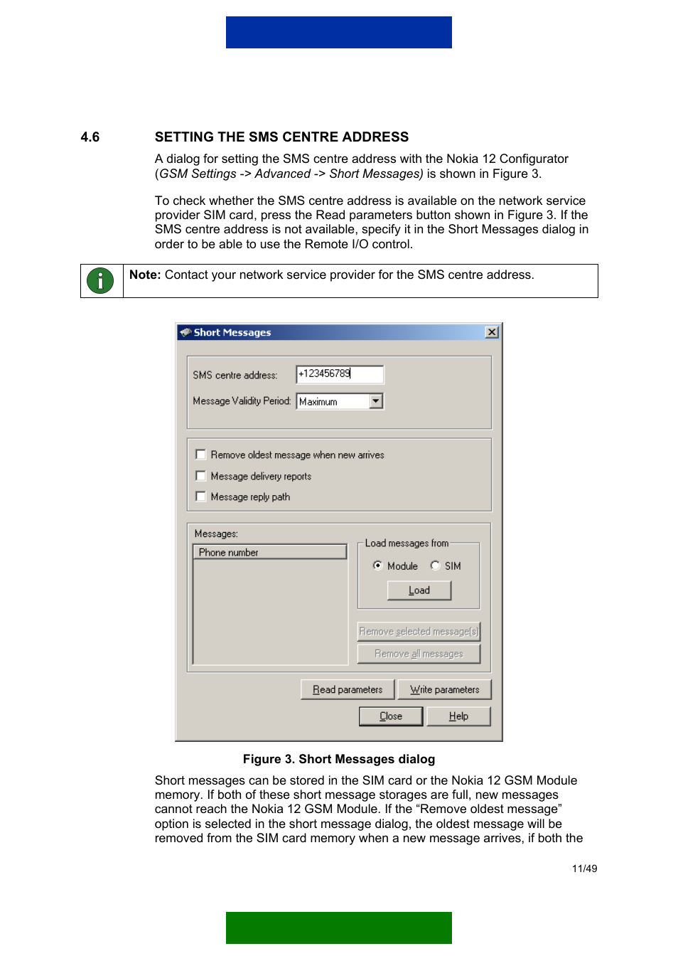 Setting the sms centre address | Nokia 12 GSM MODULE REMOTE I/O User Manual | Page 15 / 53