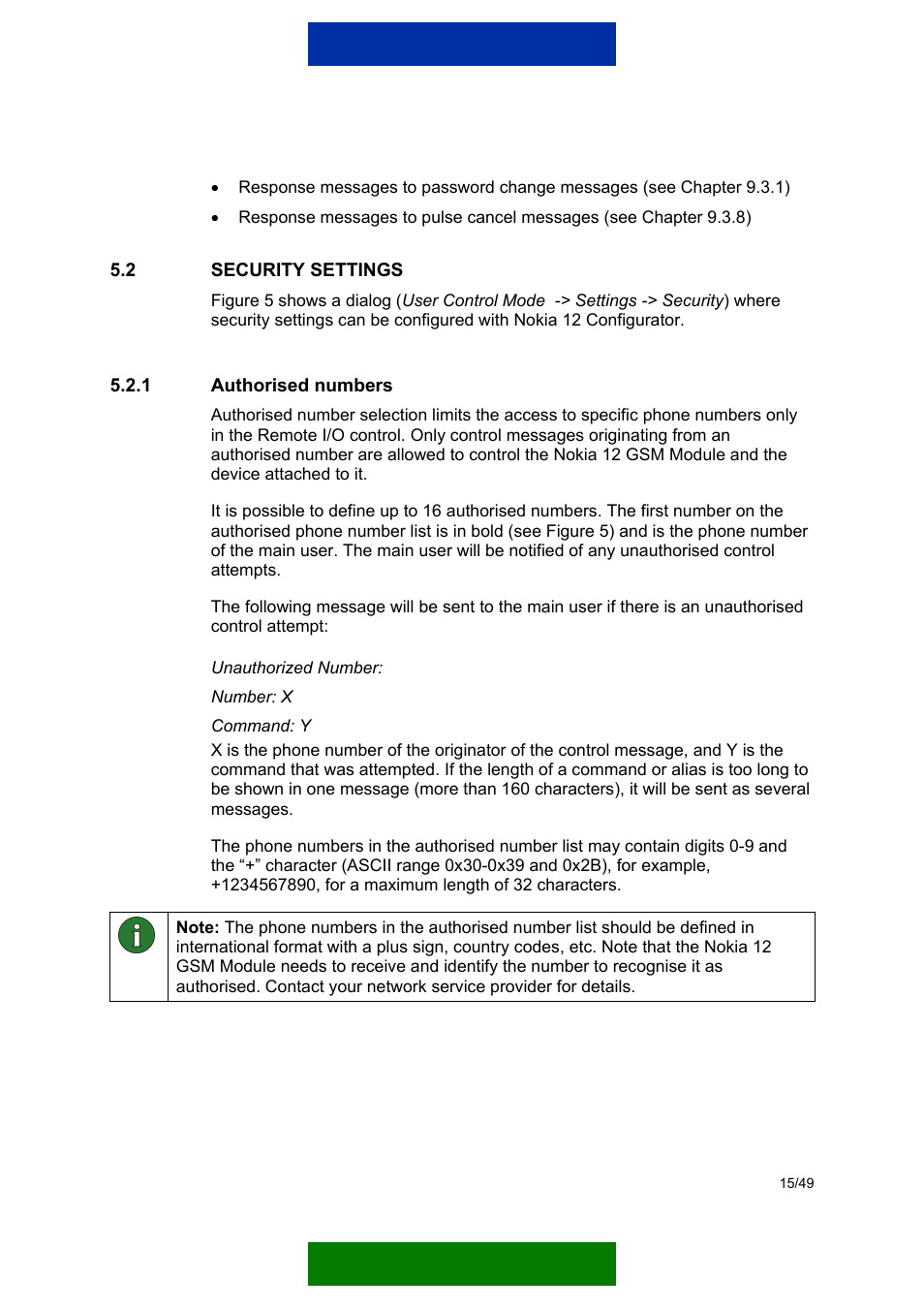 Security settings, Authorised numbers | Nokia 12 GSM MODULE REMOTE I/O User Manual | Page 19 / 53