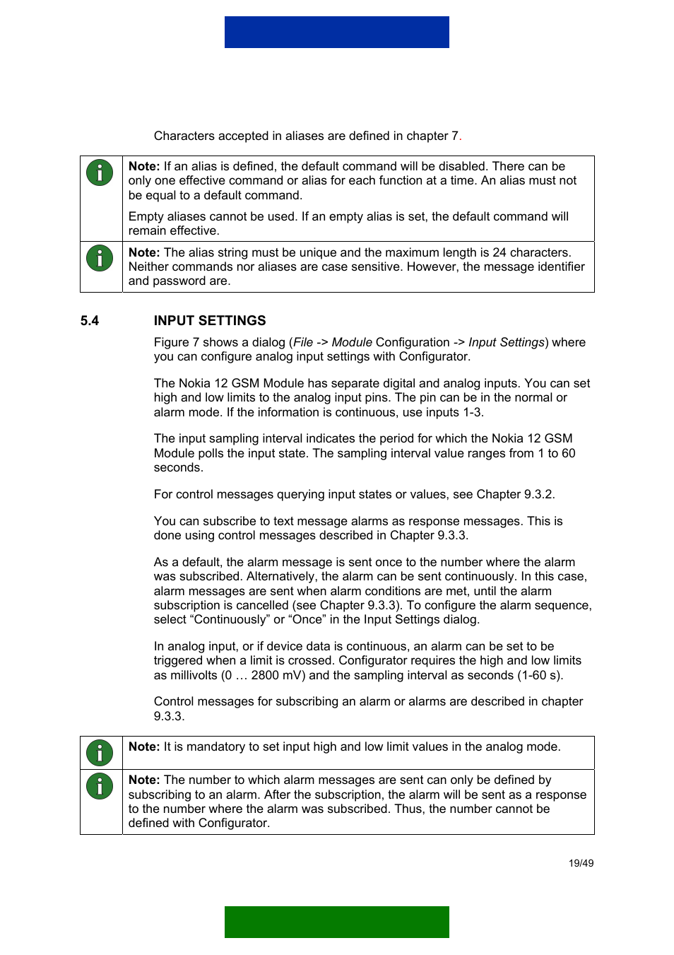 Input settings | Nokia 12 GSM MODULE REMOTE I/O User Manual | Page 23 / 53