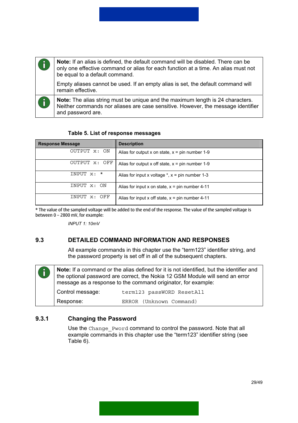 Detailed command information and responses, Changing the password, Chapter 9.3.1) | Nokia 12 GSM MODULE REMOTE I/O User Manual | Page 33 / 53
