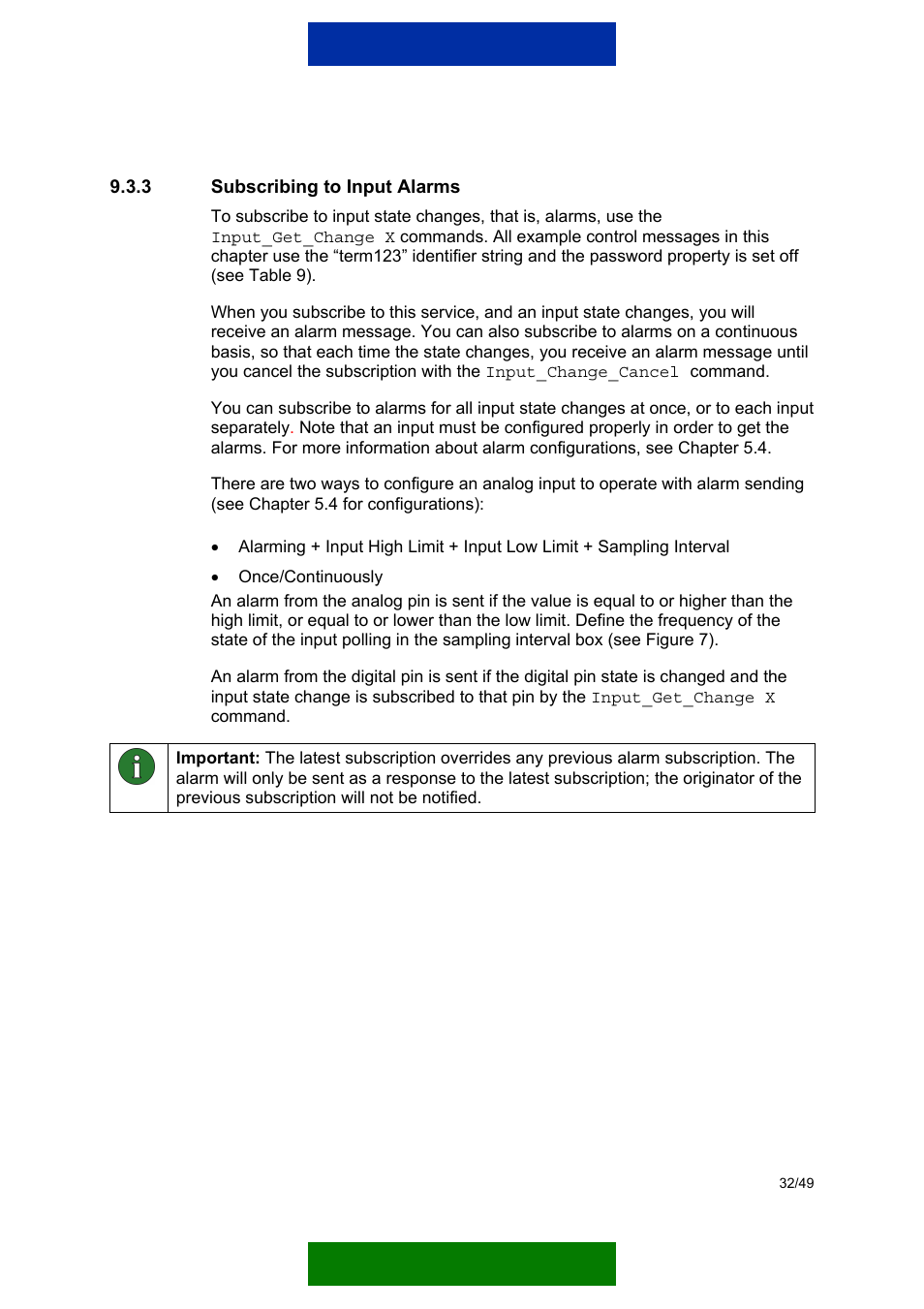 Subscribing to input alarms, Ter 9.3.3, See chapter 9.3.3). to configure th | Nokia 12 GSM MODULE REMOTE I/O User Manual | Page 36 / 53