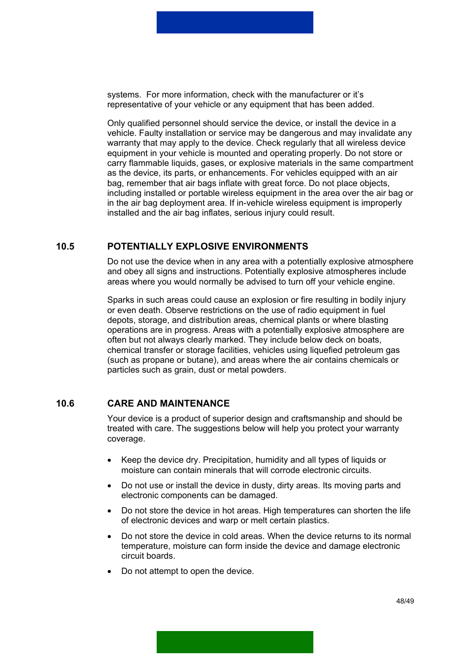 Potentially explosive environments, Care and maintenance | Nokia 12 GSM MODULE REMOTE I/O User Manual | Page 52 / 53