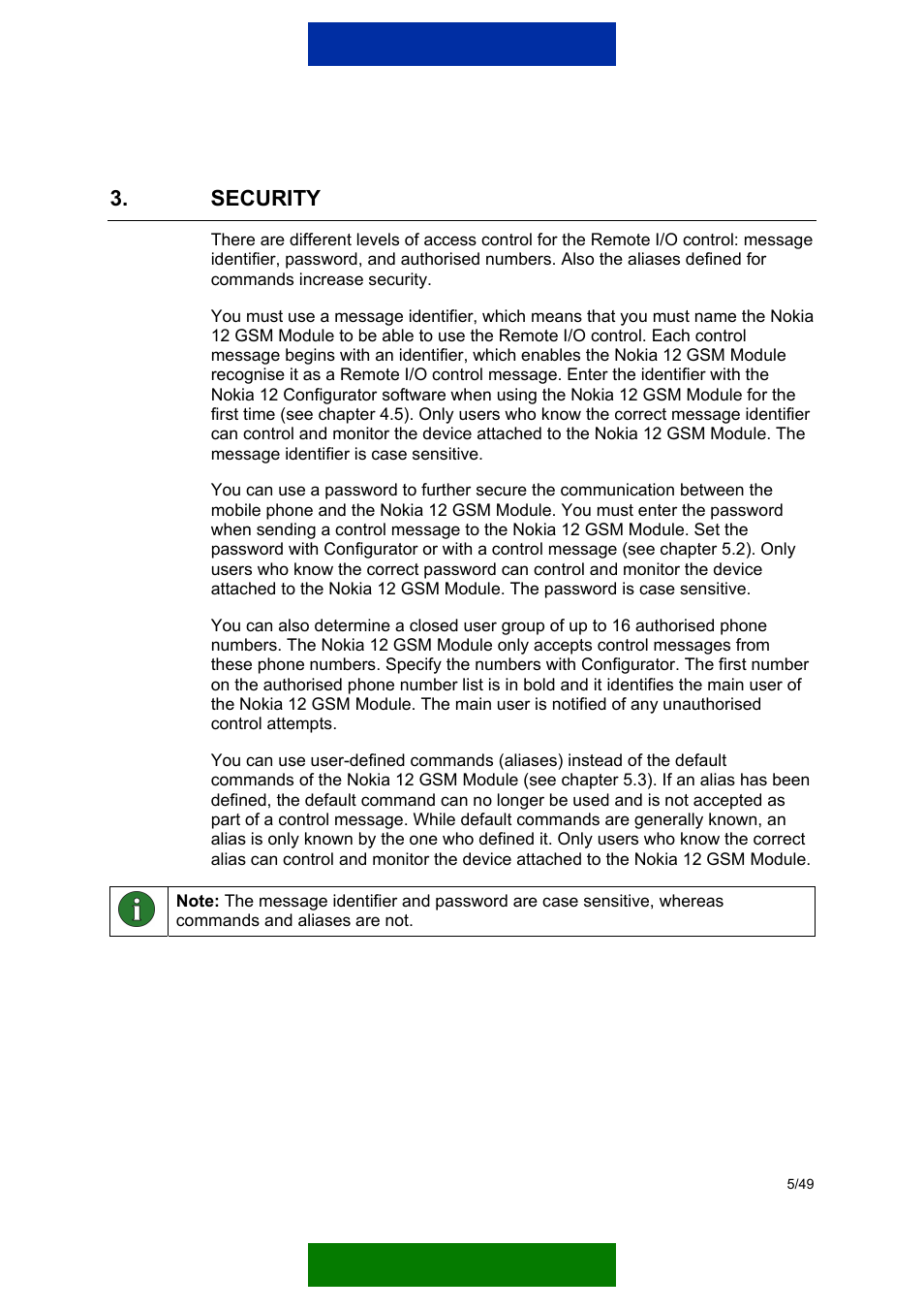 Security | Nokia 12 GSM MODULE REMOTE I/O User Manual | Page 9 / 53