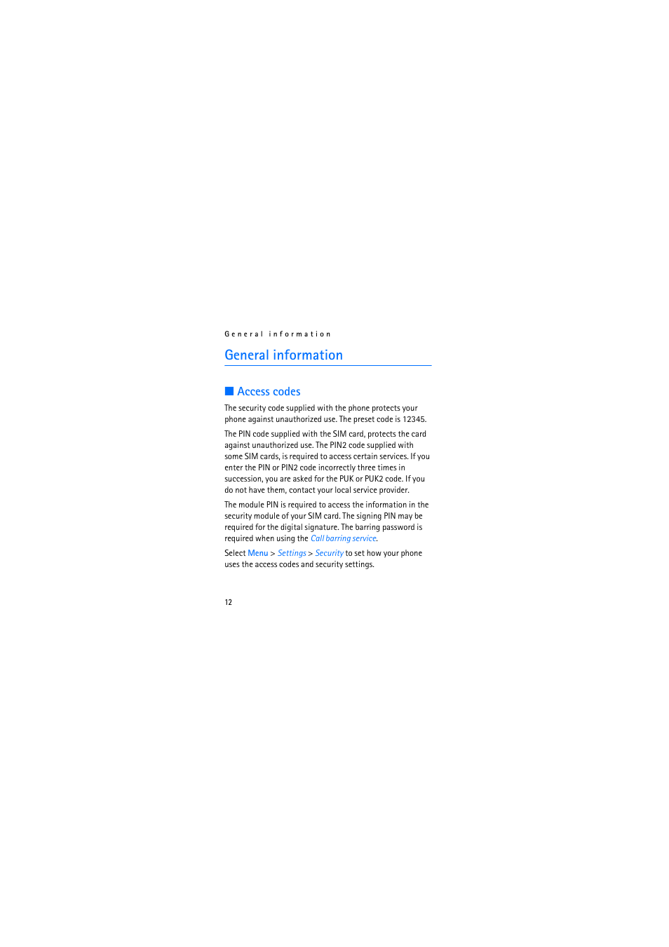 General information, Access codes, Access codes access codes | Nokia 2626 User Manual | Page 12 / 74