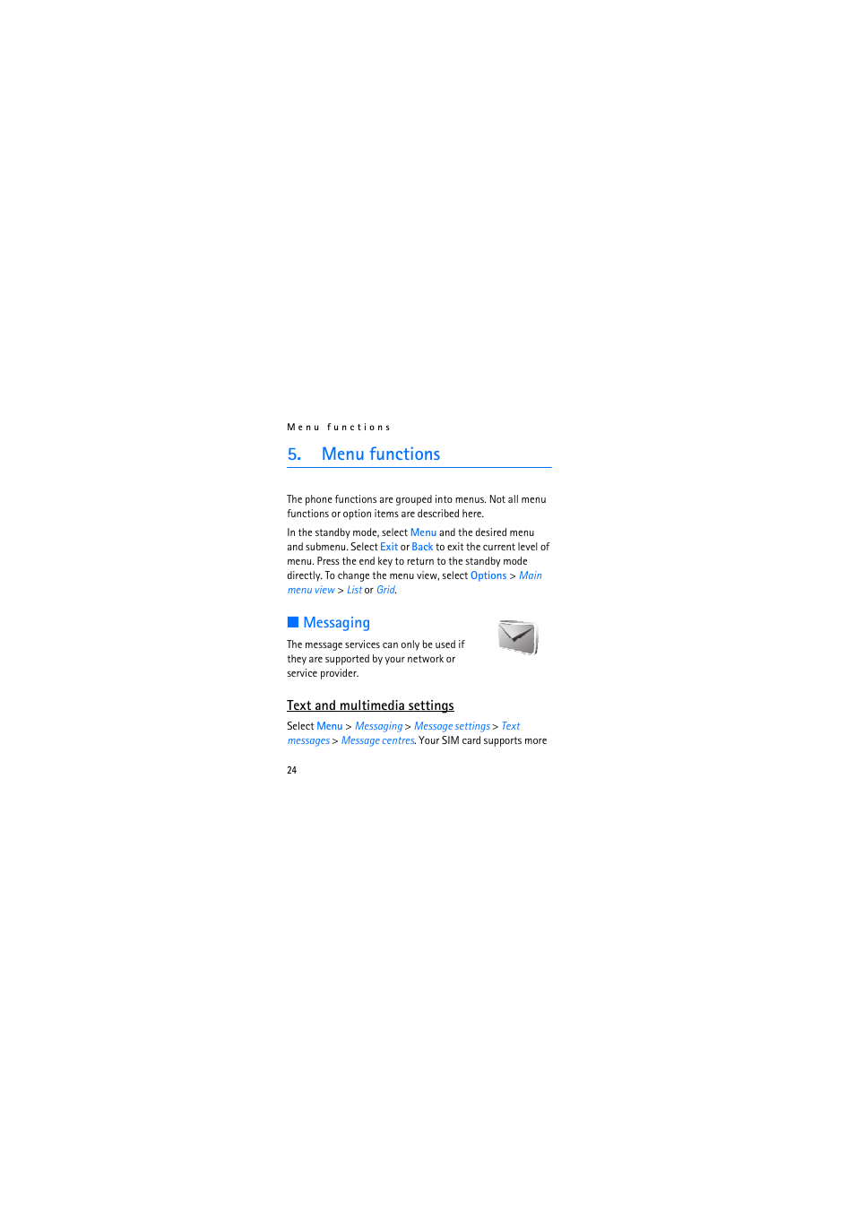 Menu functions, Messaging | Nokia 2626 User Manual | Page 24 / 74