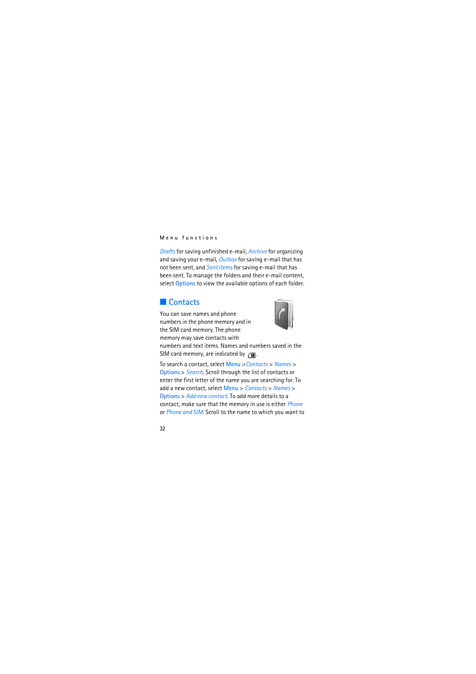 Contacts | Nokia 2626 User Manual | Page 32 / 74