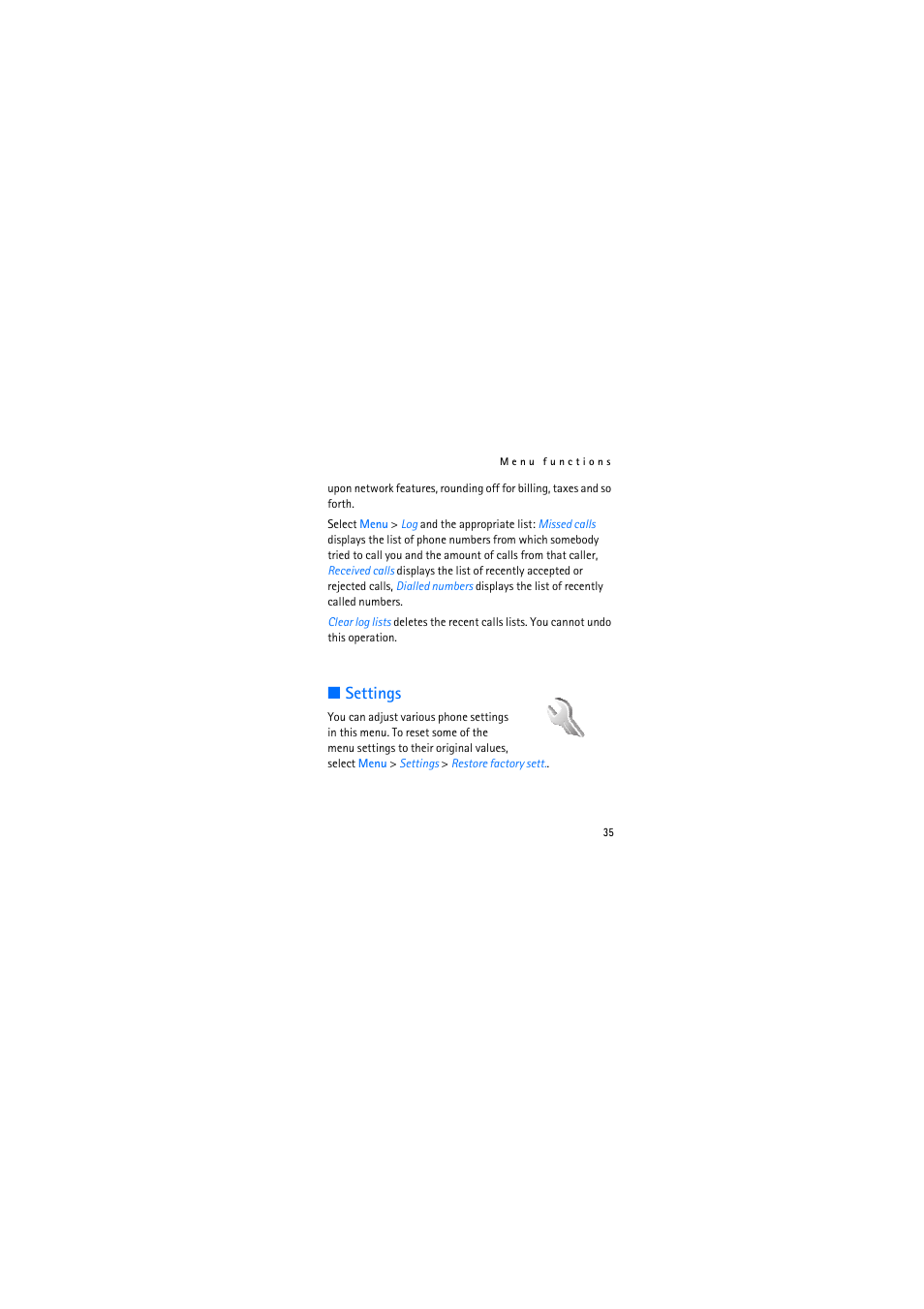 Settings | Nokia 2626 User Manual | Page 35 / 74