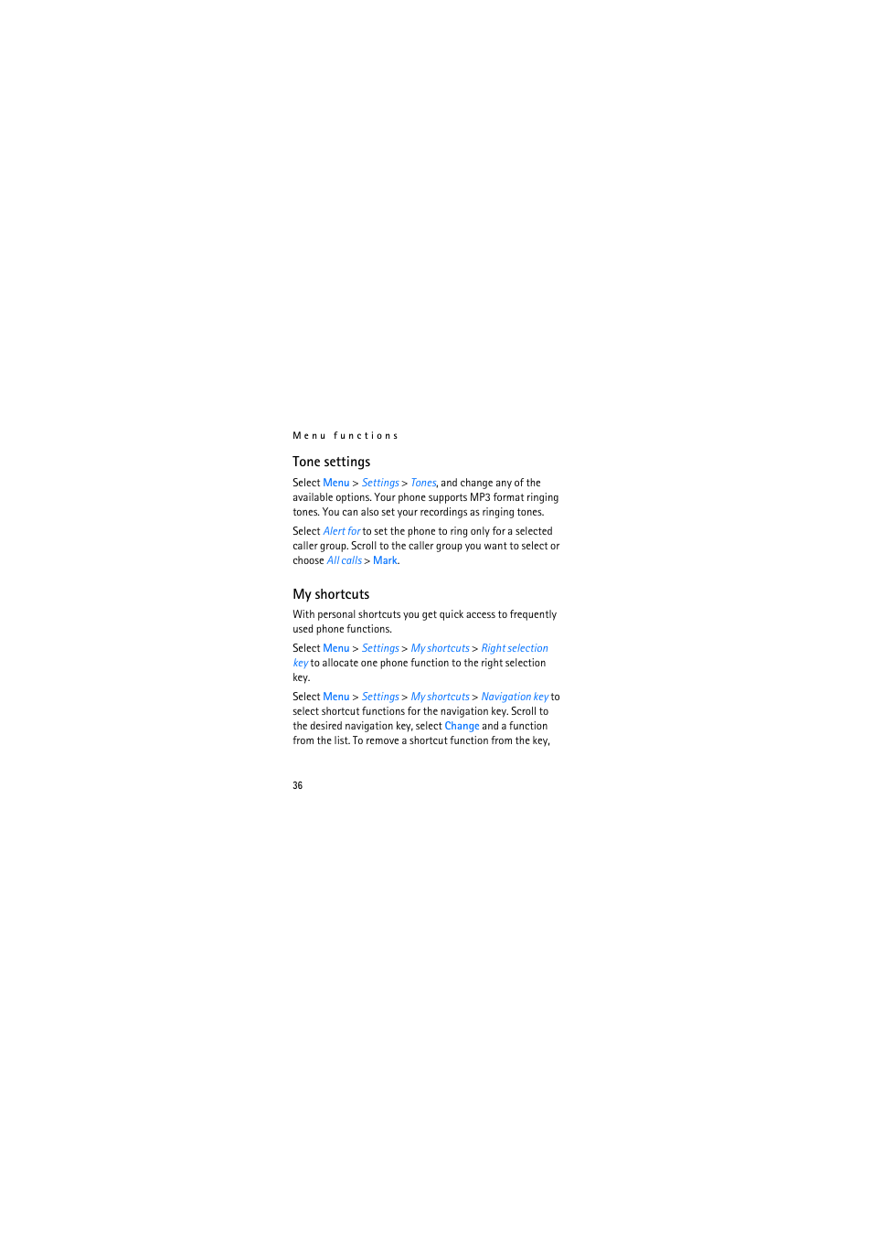 Tone settings, My shortcuts | Nokia 2626 User Manual | Page 36 / 74