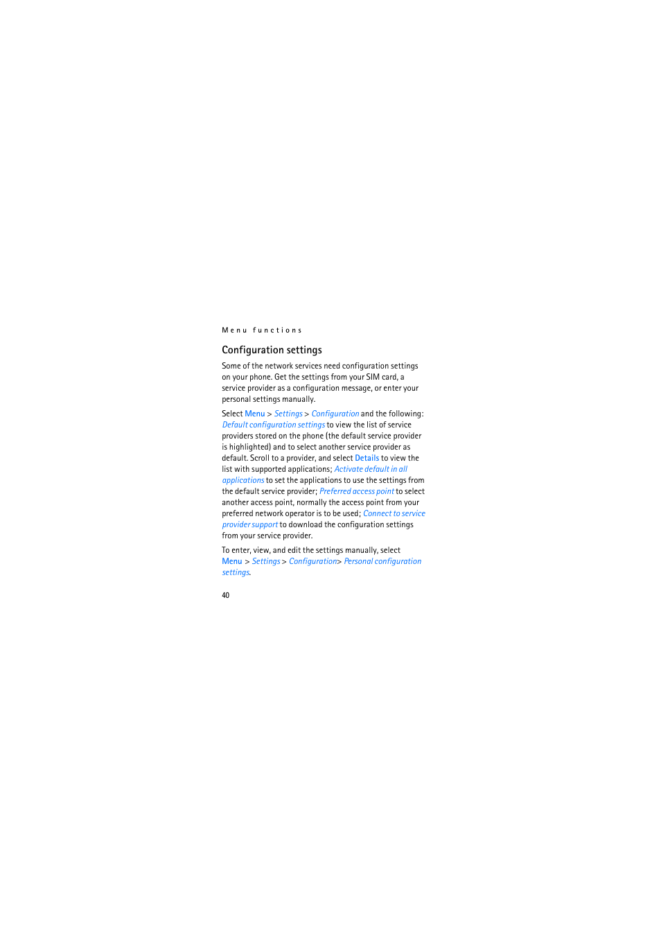 Configuration settings | Nokia 2626 User Manual | Page 40 / 74
