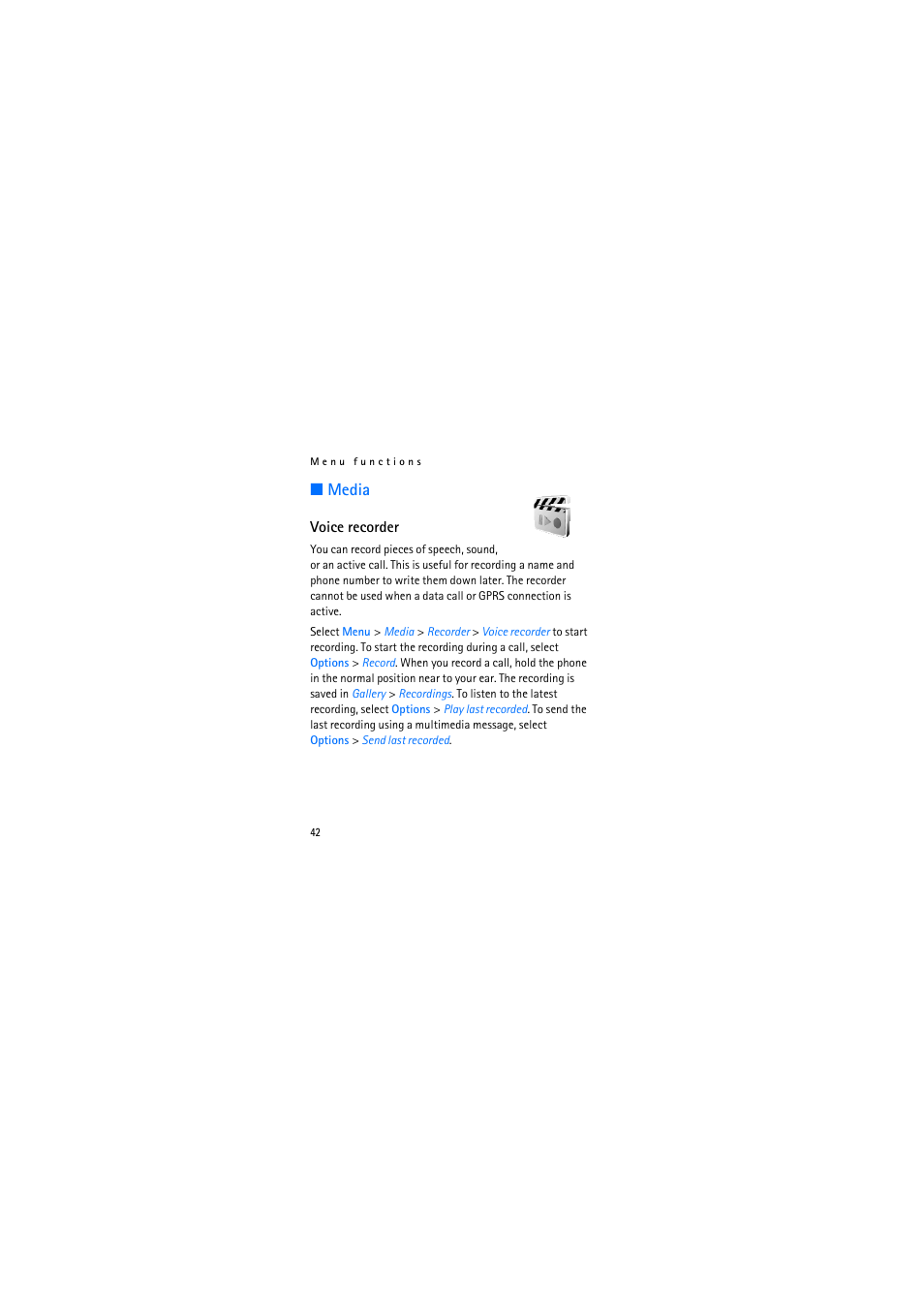 Media, Voice recorder | Nokia 2626 User Manual | Page 42 / 74