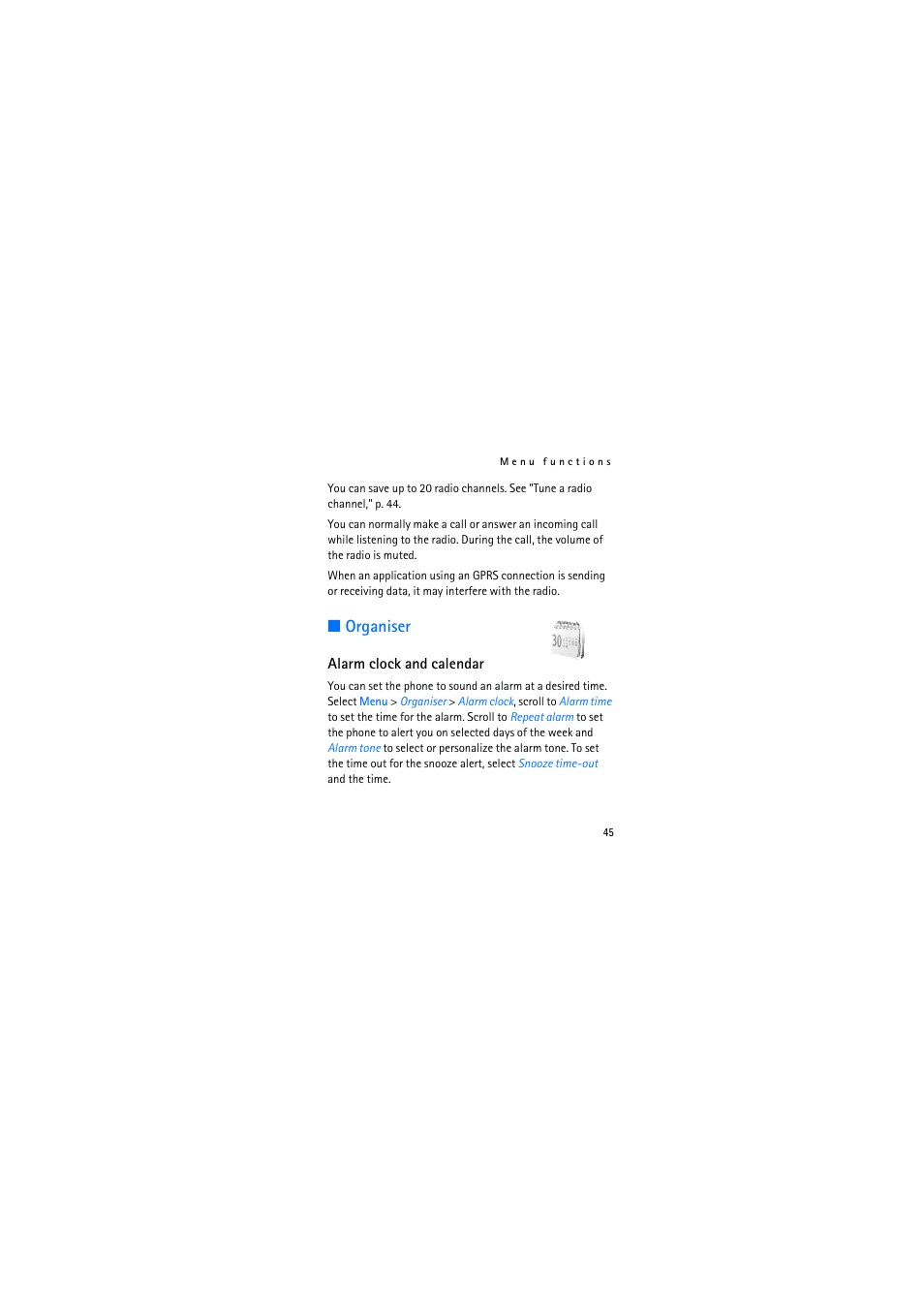 Organiser, Alarm clock and calendar | Nokia 2626 User Manual | Page 45 / 74