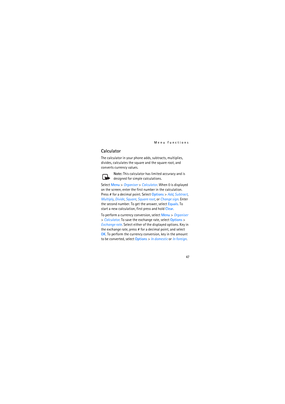 Calculator | Nokia 2626 User Manual | Page 47 / 74