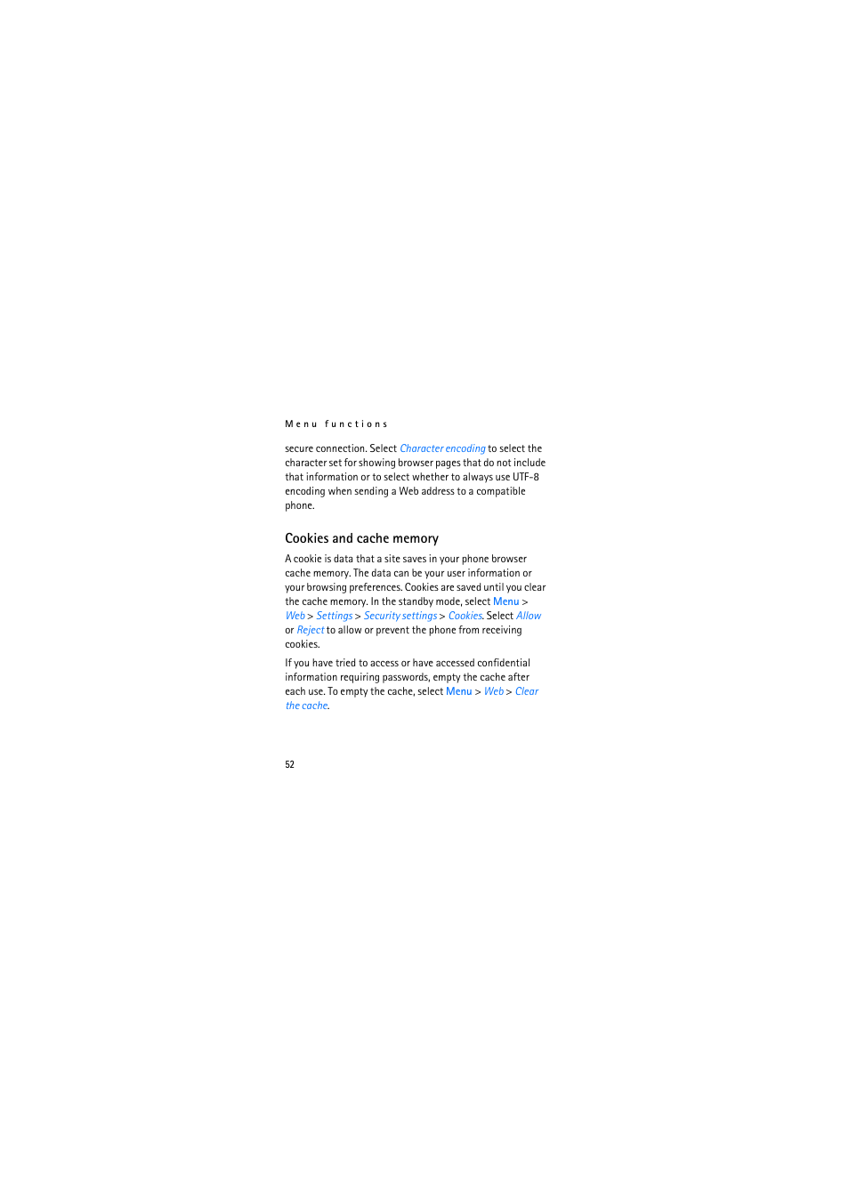 Cookies and cache memory | Nokia 2626 User Manual | Page 52 / 74