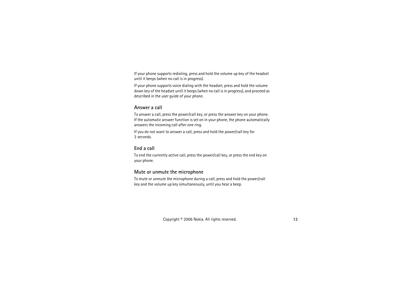 Answer a call, End a call, Mute or unmute the microphone | Nokia HS-53W User Manual | Page 12 / 16