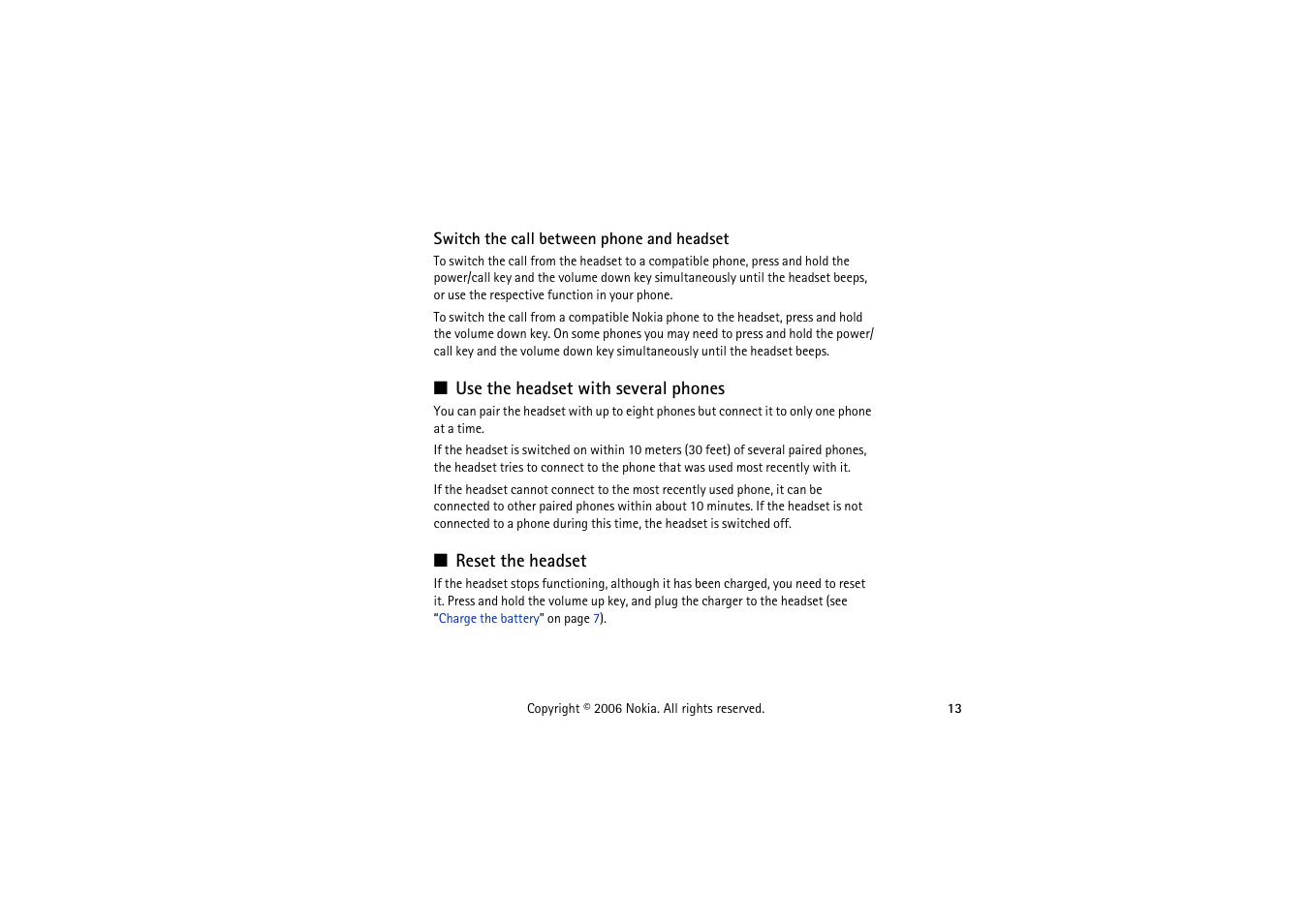 Switch the call between phone and headset, Use the headset with several phones, Reset the headset | Nokia HS-53W User Manual | Page 13 / 16