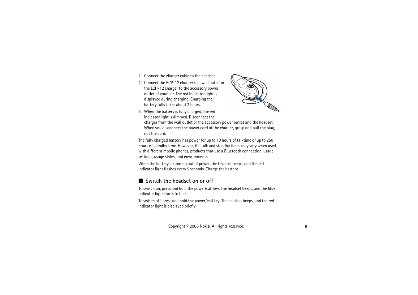 Switch the headset on or off | Nokia HS-53W User Manual | Page 8 / 16