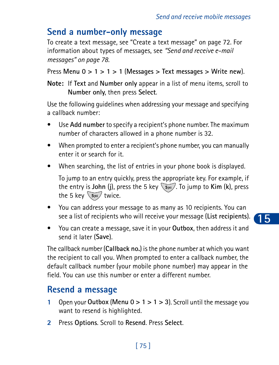 Send a number-only message, Resend a message | Nokia 3285 User Manual | Page 13 / 19