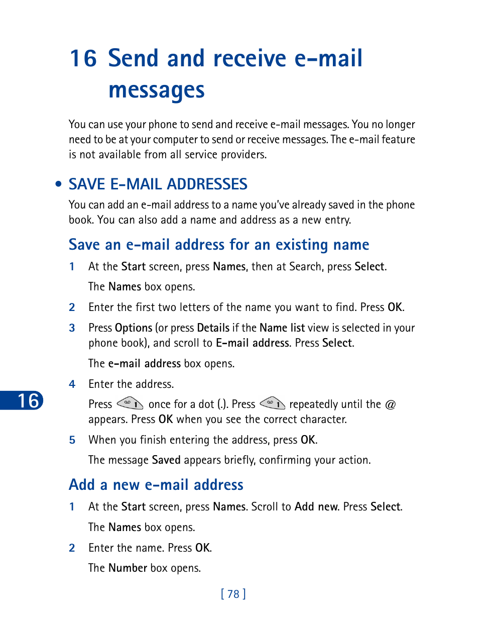 16 send and receive e-mail messages, Save e-mail addresses, Save an e-mail address for an existing name | Add a new e-mail address | Nokia 3285 User Manual | Page 16 / 19