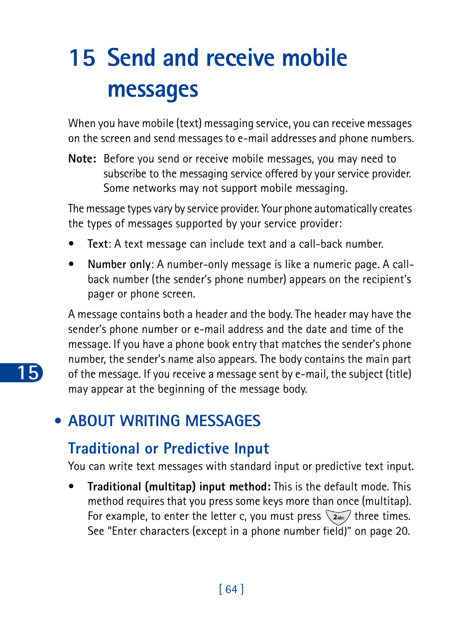 15 send and receive mobile messages, About writing messages | Nokia 3285 User Manual | Page 2 / 19