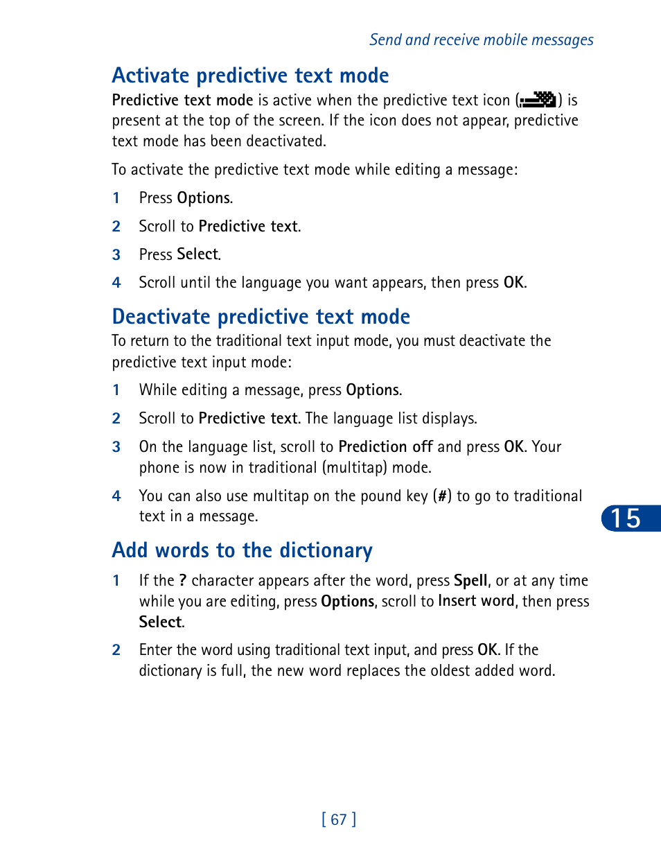 Activate predictive text mode, Deactivate predictive text mode, Add words to the dictionary | Nokia 3285 User Manual | Page 5 / 19