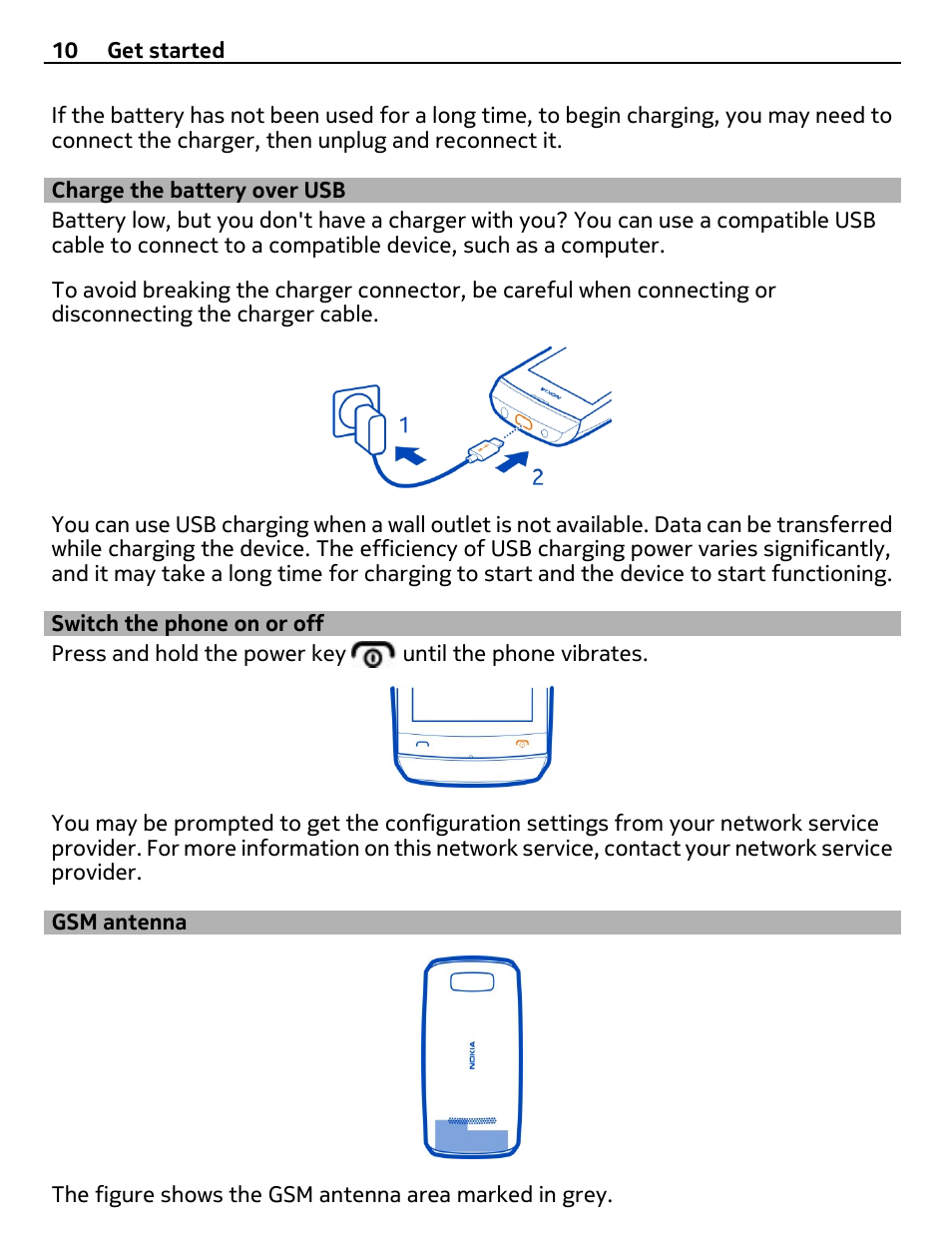 Charge the battery over usb, Switch the phone on or off, Gsm antenna | Nokia 306 User Manual | Page 10 / 39