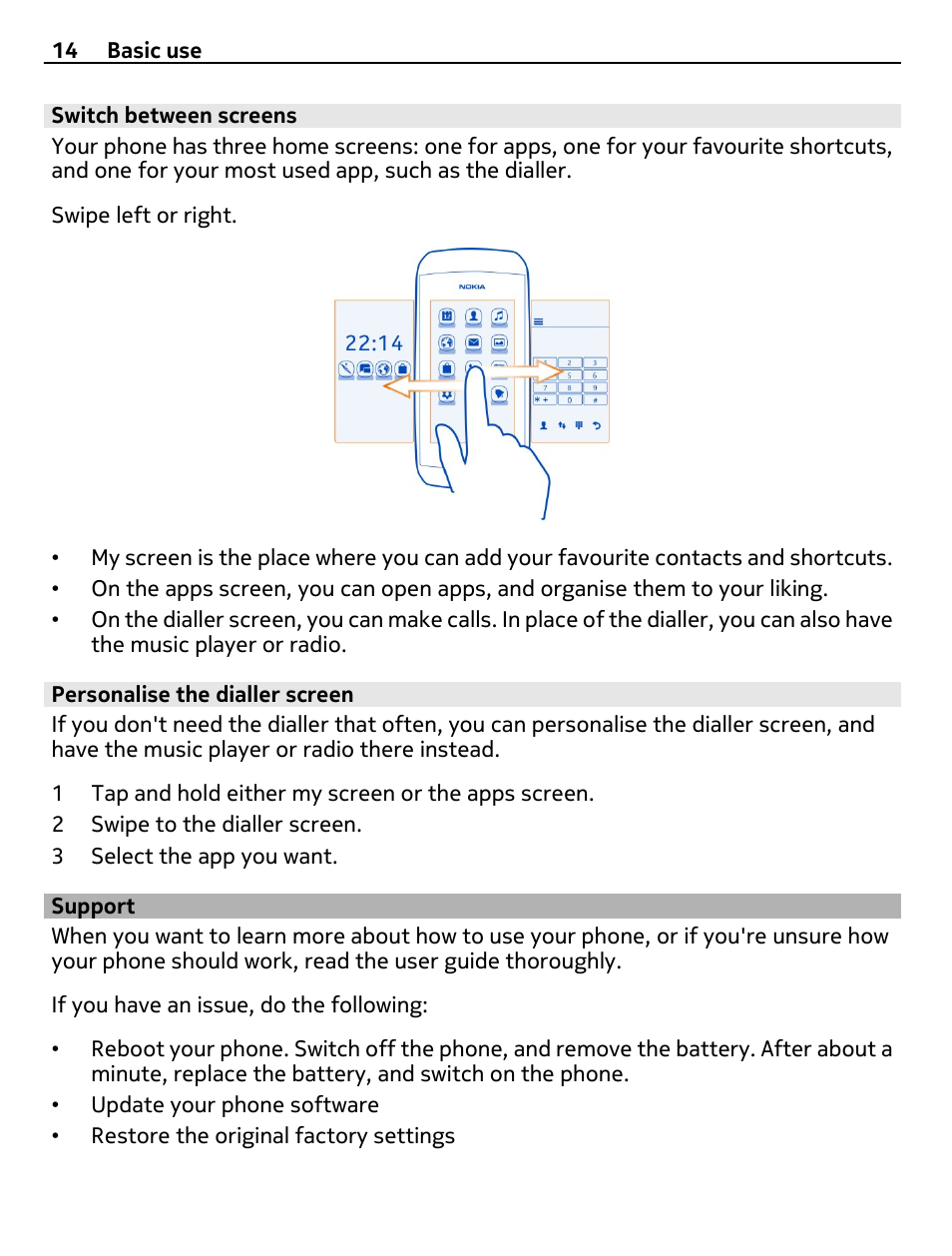 Switch between screens, Personalise the dialler screen, Support | Nokia 306 User Manual | Page 14 / 39