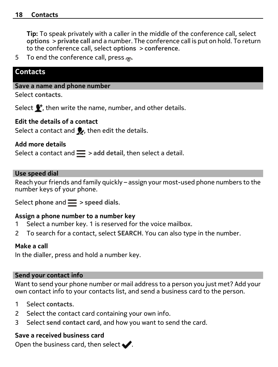 Contacts, Save a name and phone number, Use speed dial | Send your contact info | Nokia 306 User Manual | Page 18 / 39