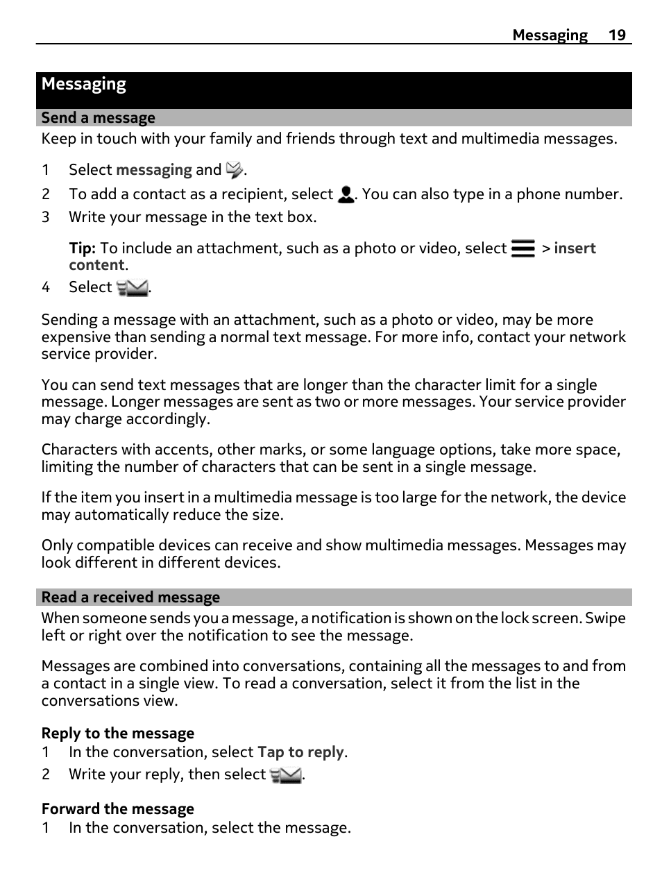Messaging, Send a message, Read a received message | Nokia 306 User Manual | Page 19 / 39