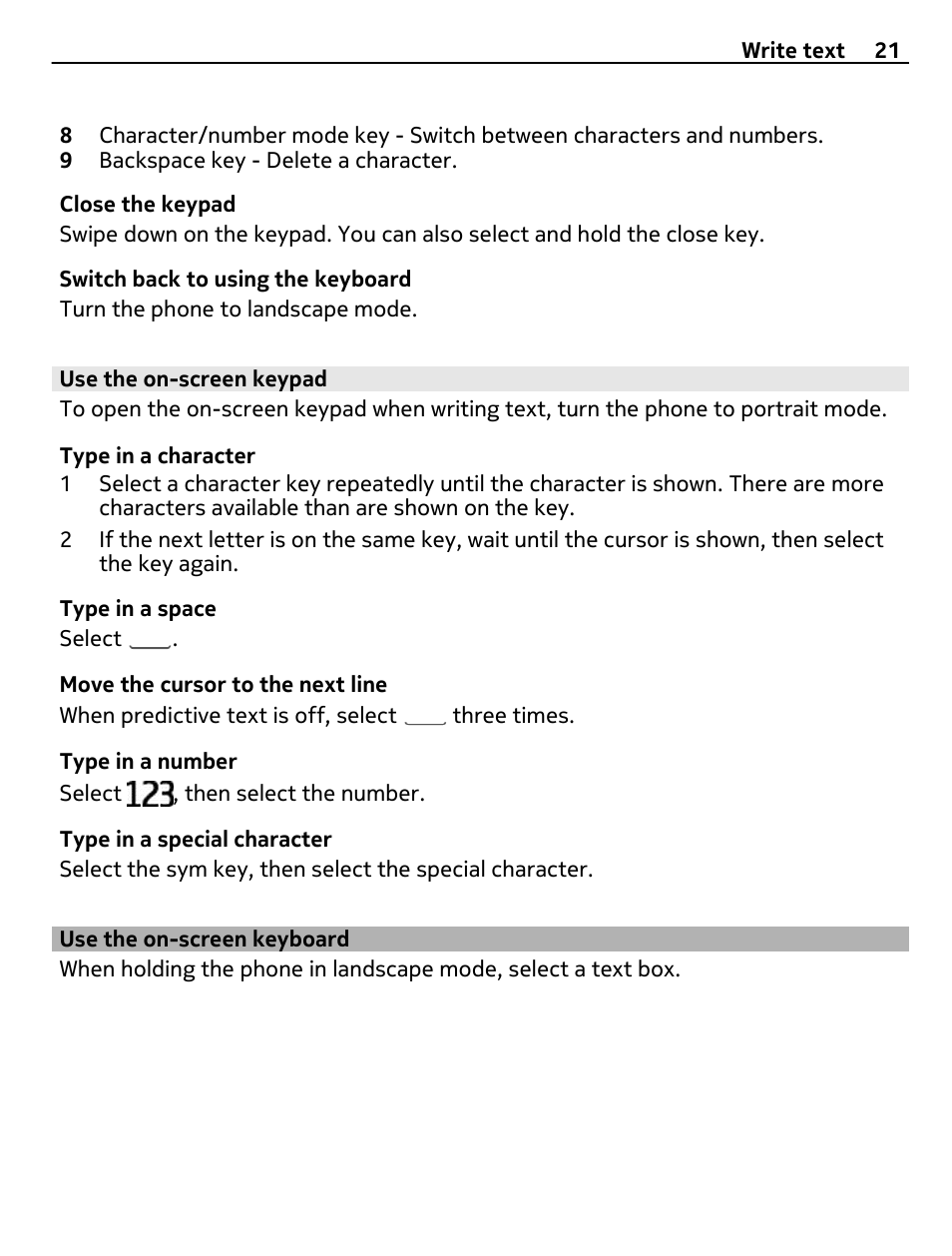 Use the on-screen keypad, Use the on-screen keyboard | Nokia 306 User Manual | Page 21 / 39