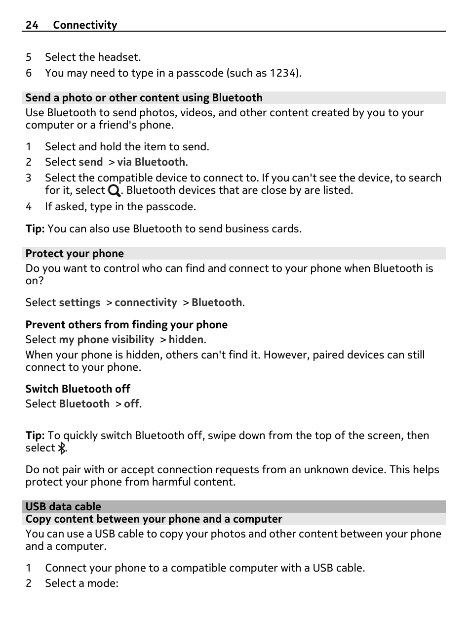 Send a photo or other content using bluetooth, Protect your phone, Usb data cable | Copy content between your phone and a computer | Nokia 306 User Manual | Page 24 / 39