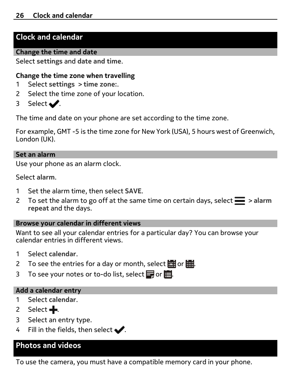 Clock and calendar, Change the time and date, Set an alarm | Browse your calendar in different views, Add a calendar entry, Photos and videos, Browse your calendar in different, Views | Nokia 306 User Manual | Page 26 / 39