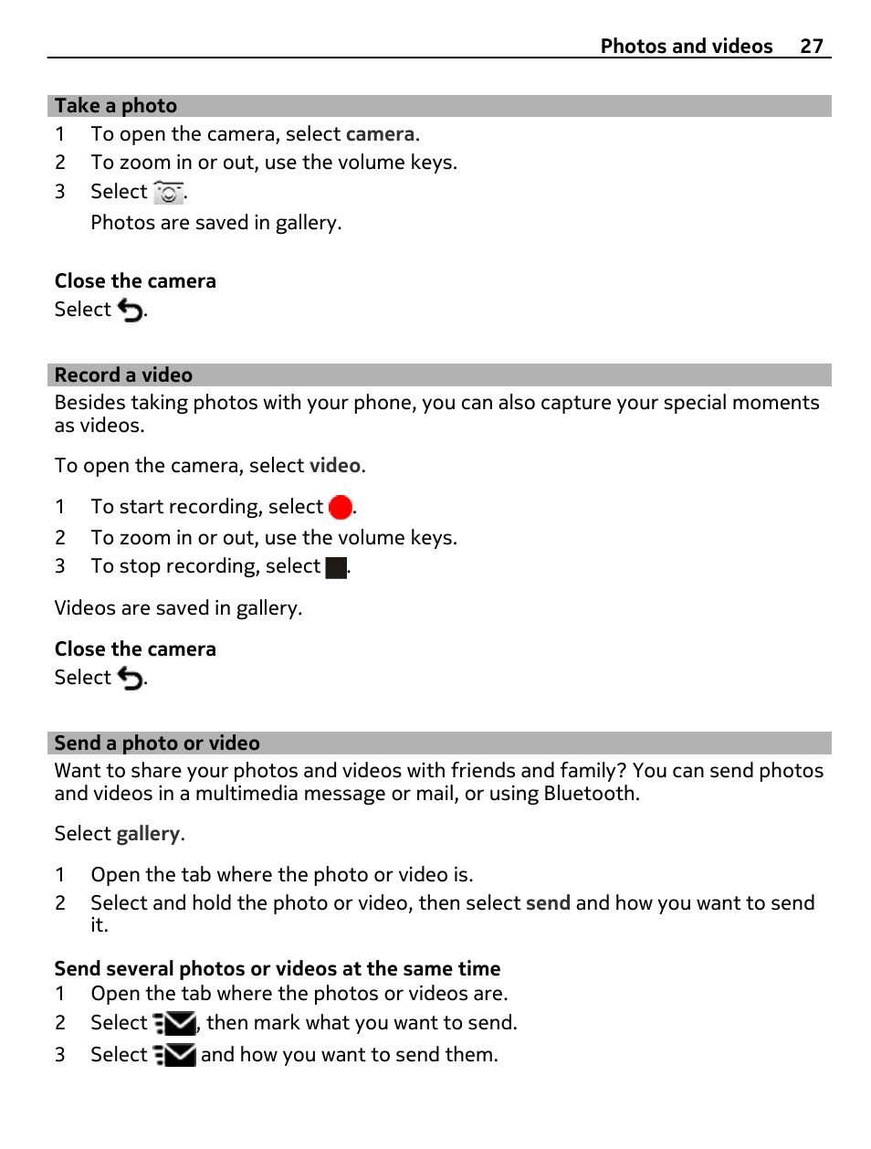 Take a photo, Record a video, Send a photo or video | Nokia 306 User Manual | Page 27 / 39