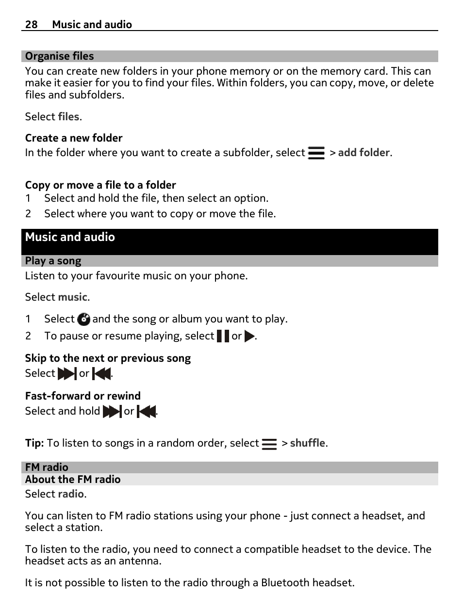 Organise files, Music and audio, Play a song | Fm radio, About the fm radio | Nokia 306 User Manual | Page 28 / 39