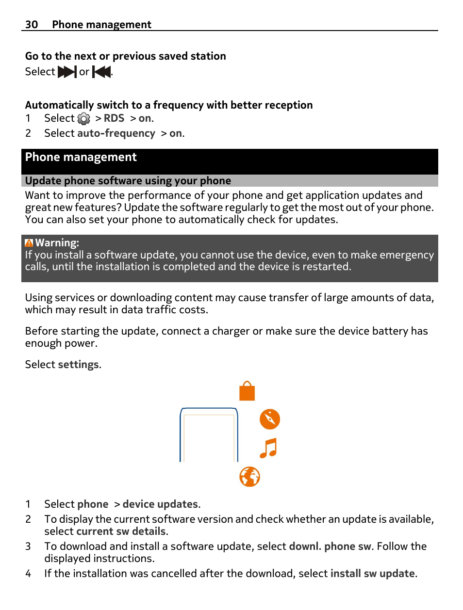 Phone management, Update phone software using your phone, Update phone software using your | Phone | Nokia 306 User Manual | Page 30 / 39
