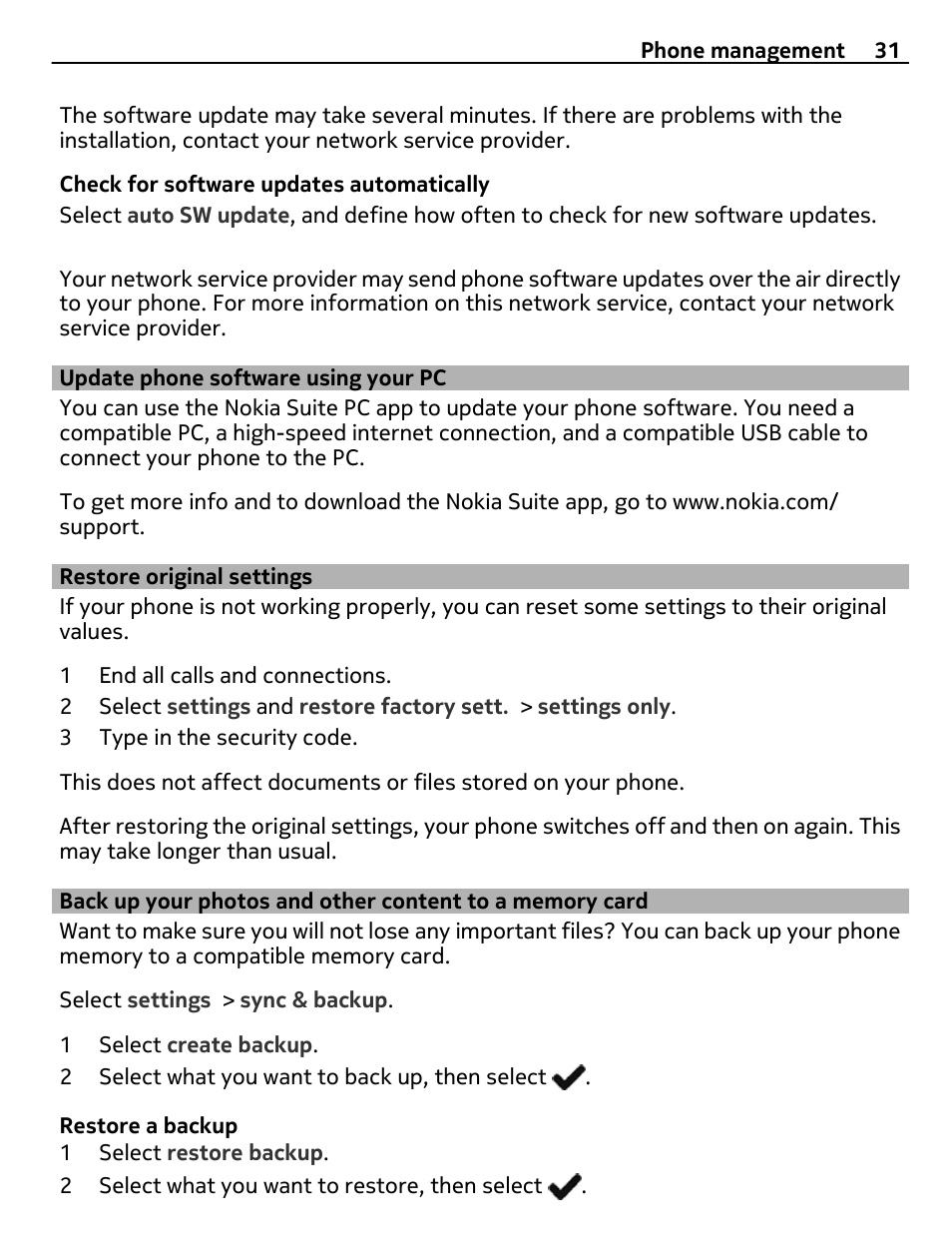 Update phone software using your pc, Restore original settings, Update phone software using your | Back up your photos and other, Content to a memory card | Nokia 306 User Manual | Page 31 / 39