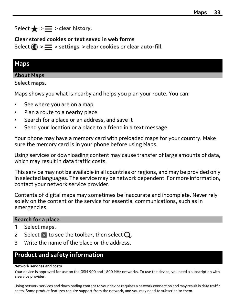 Maps, About maps, Search for a place | Product and safety information, Network services and costs | Nokia 306 User Manual | Page 33 / 39