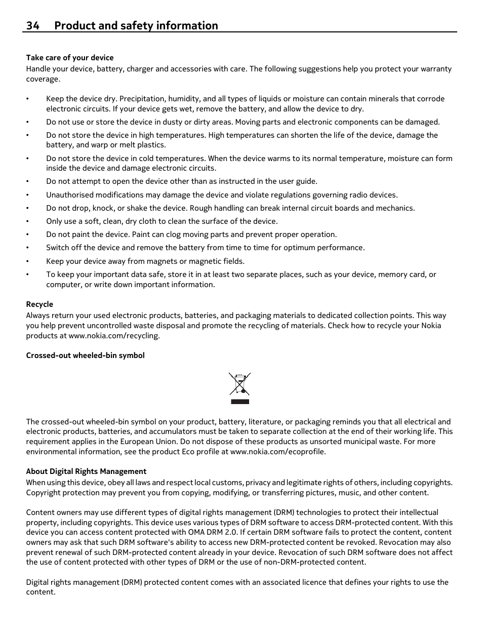 Take care of your device, Recycle, Crossed-out wheeled-bin symbol | About digital rights management, 34 product and safety information | Nokia 306 User Manual | Page 34 / 39