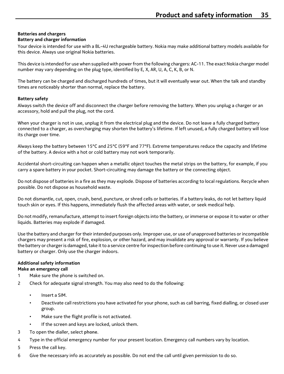 Batteries and chargers, Battery and charger information, Battery safety | Additional safety information, Make an emergency call, Product and safety information 35 | Nokia 306 User Manual | Page 35 / 39