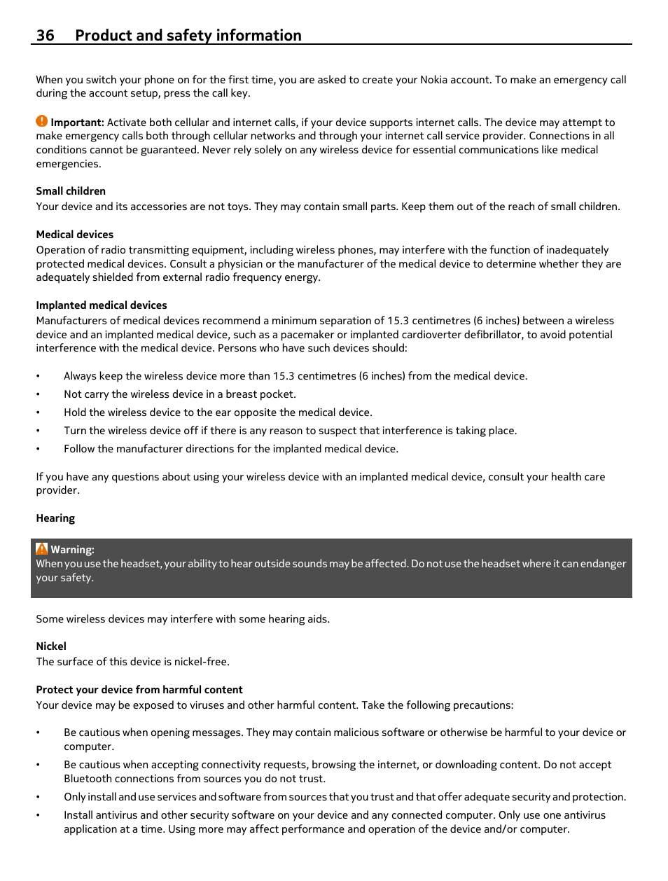 Small children, Medical devices, Implanted medical devices | Hearing, Nickel, Protect your device from harmful content, 36 product and safety information | Nokia 306 User Manual | Page 36 / 39