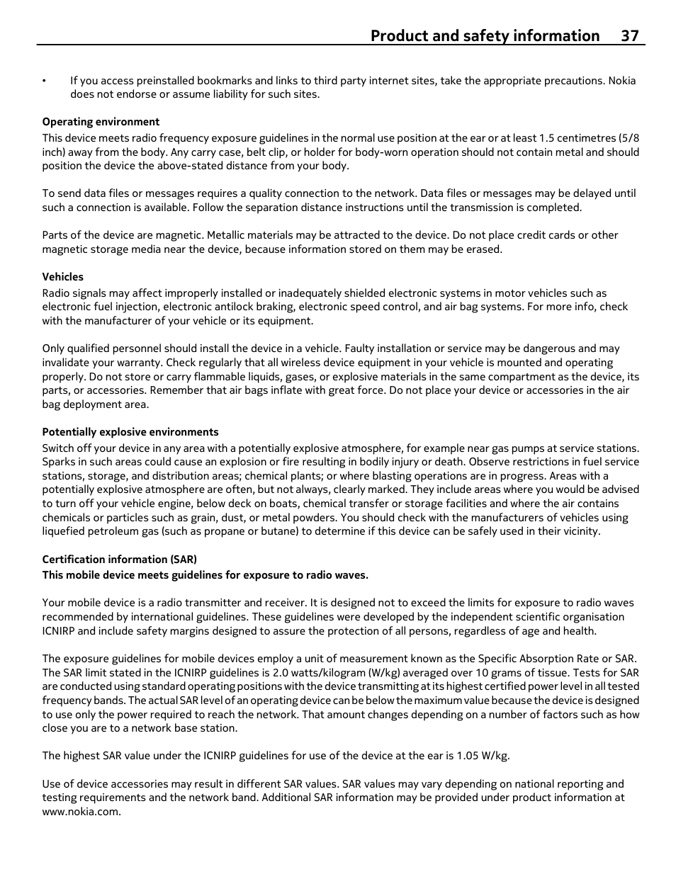 Operating environment, Vehicles, Potentially explosive environments | Certification information (sar), Product and safety information 37 | Nokia 306 User Manual | Page 37 / 39