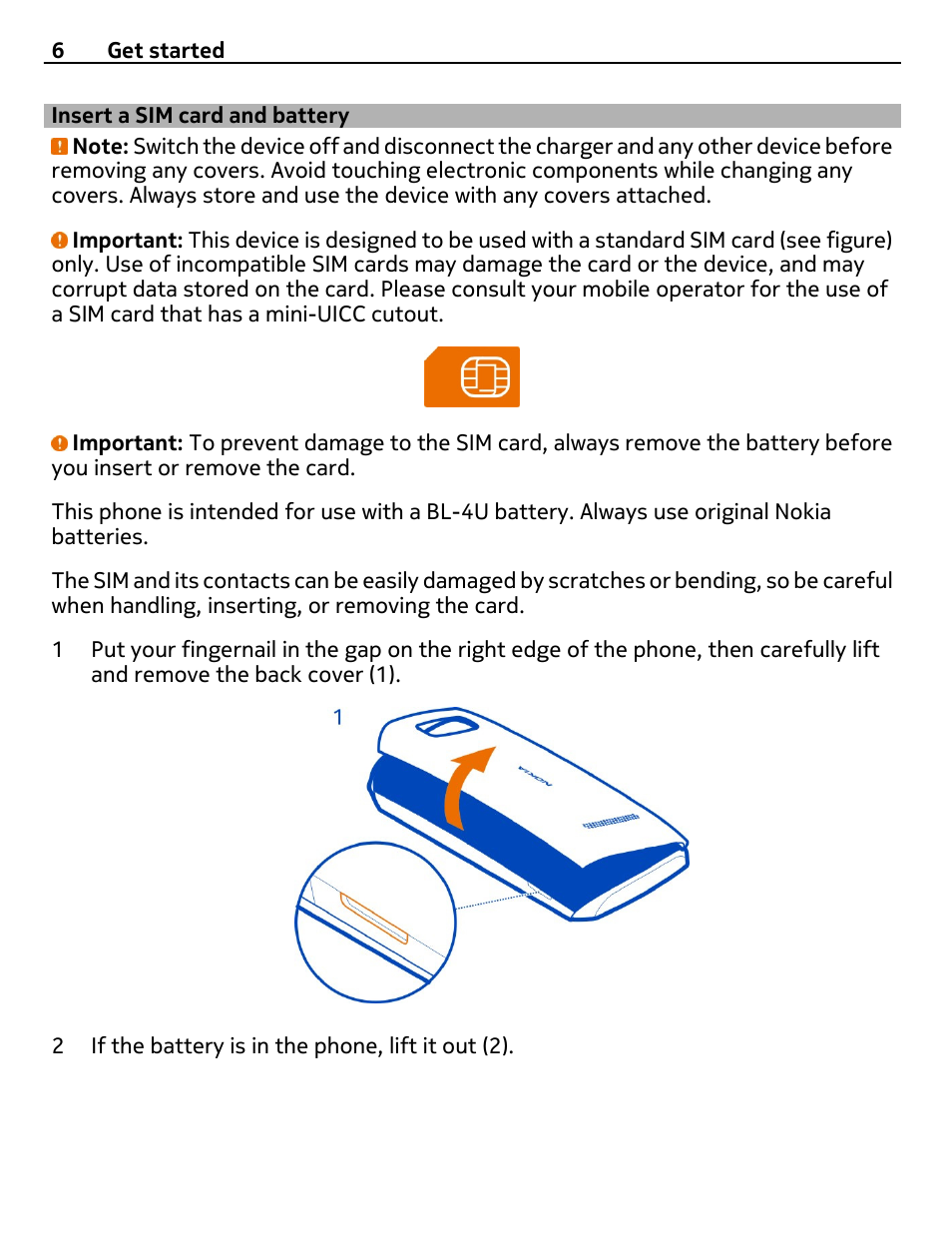 Insert a sim card and battery | Nokia 306 User Manual | Page 6 / 39