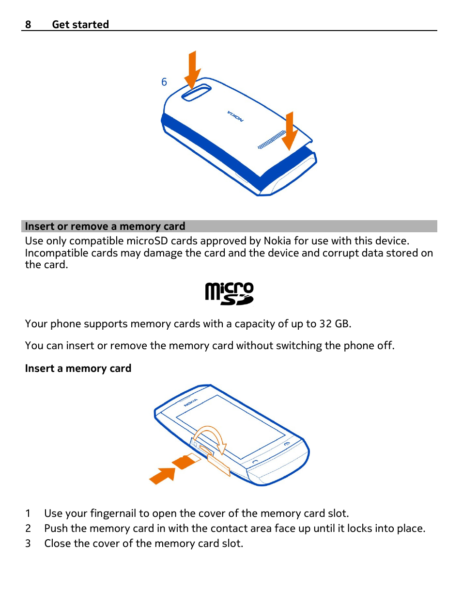 Insert or remove a memory card | Nokia 306 User Manual | Page 8 / 39