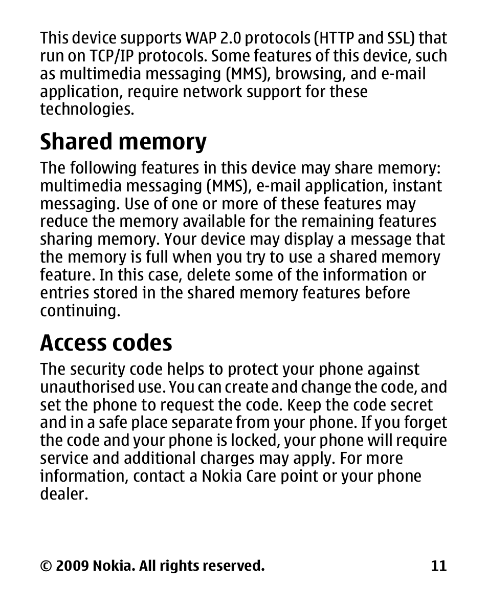 Shared memory, Access codes | Nokia 2330C User Manual | Page 12 / 70