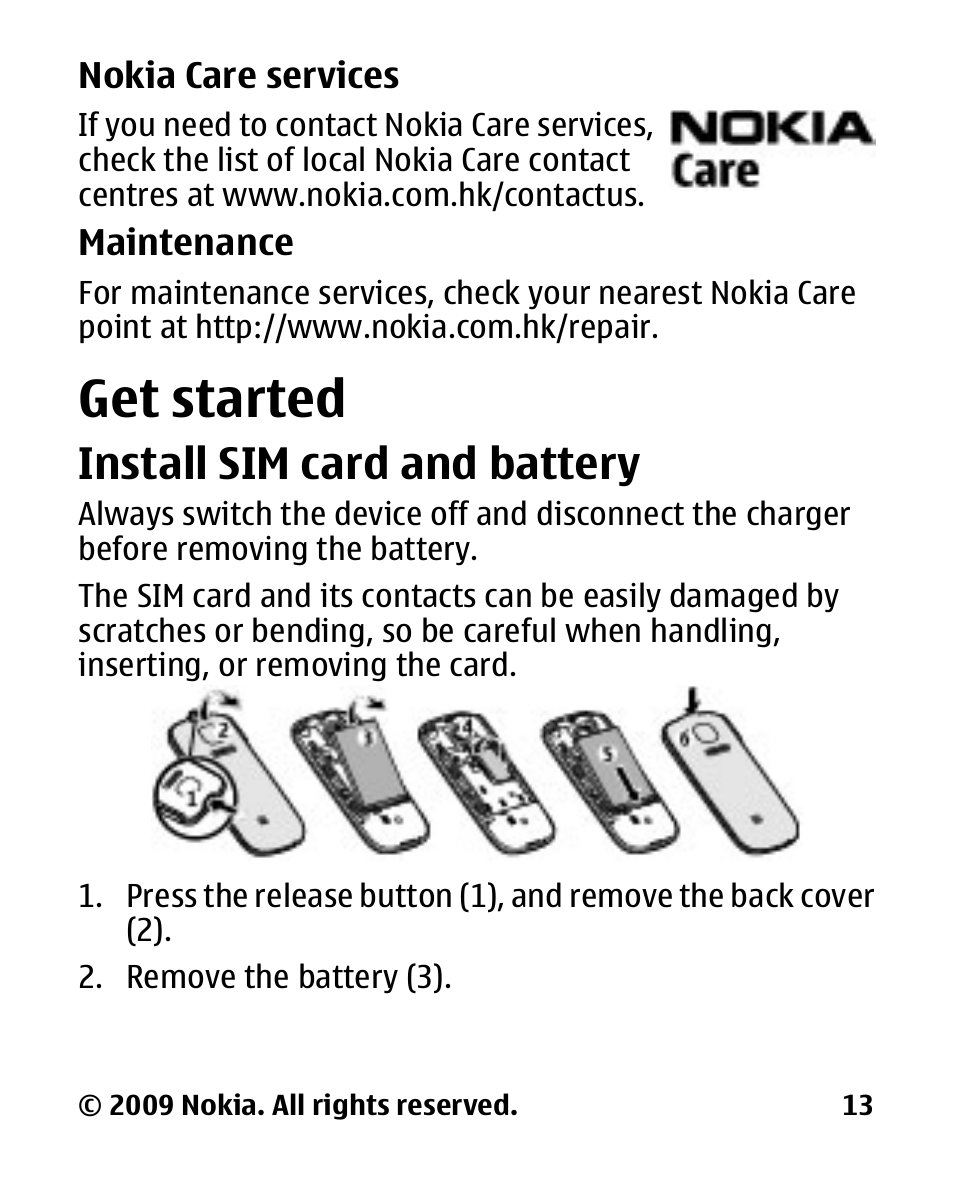 Get started, Install sim card and battery, Install sim card and | Battery | Nokia 2330C User Manual | Page 14 / 70