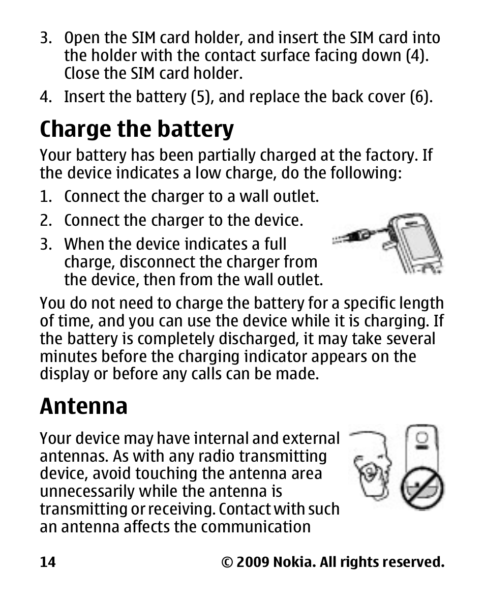 Charge the battery, Antenna | Nokia 2330C User Manual | Page 15 / 70