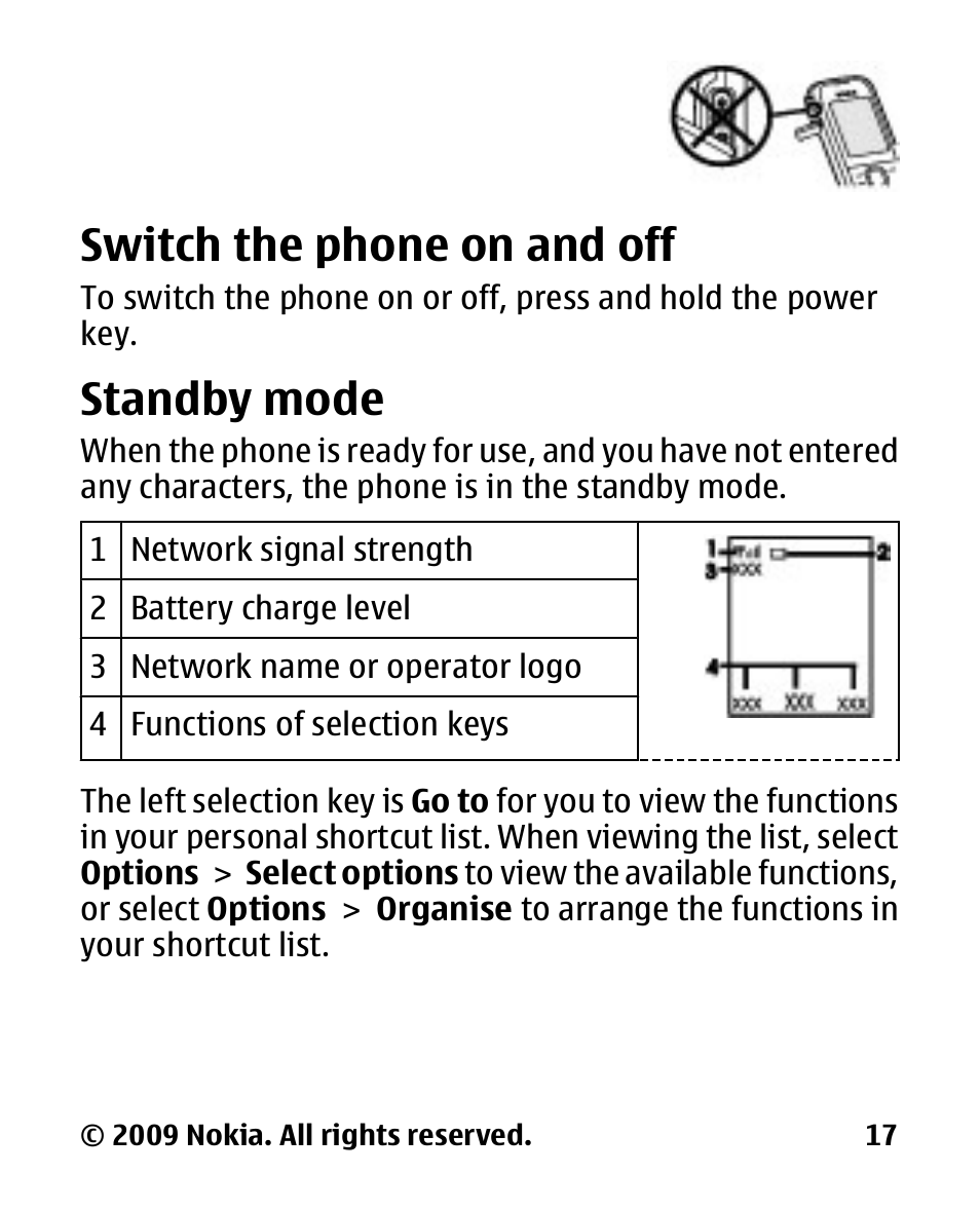 Switch the phone on and off, Standby mode, Switch the phone on and | Nokia 2330C User Manual | Page 18 / 70