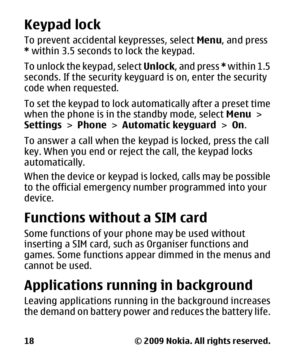 Keypad lock, Functions without a sim card, Applications running in background | Functions without a sim, Card, Applications running in, Background | Nokia 2330C User Manual | Page 19 / 70