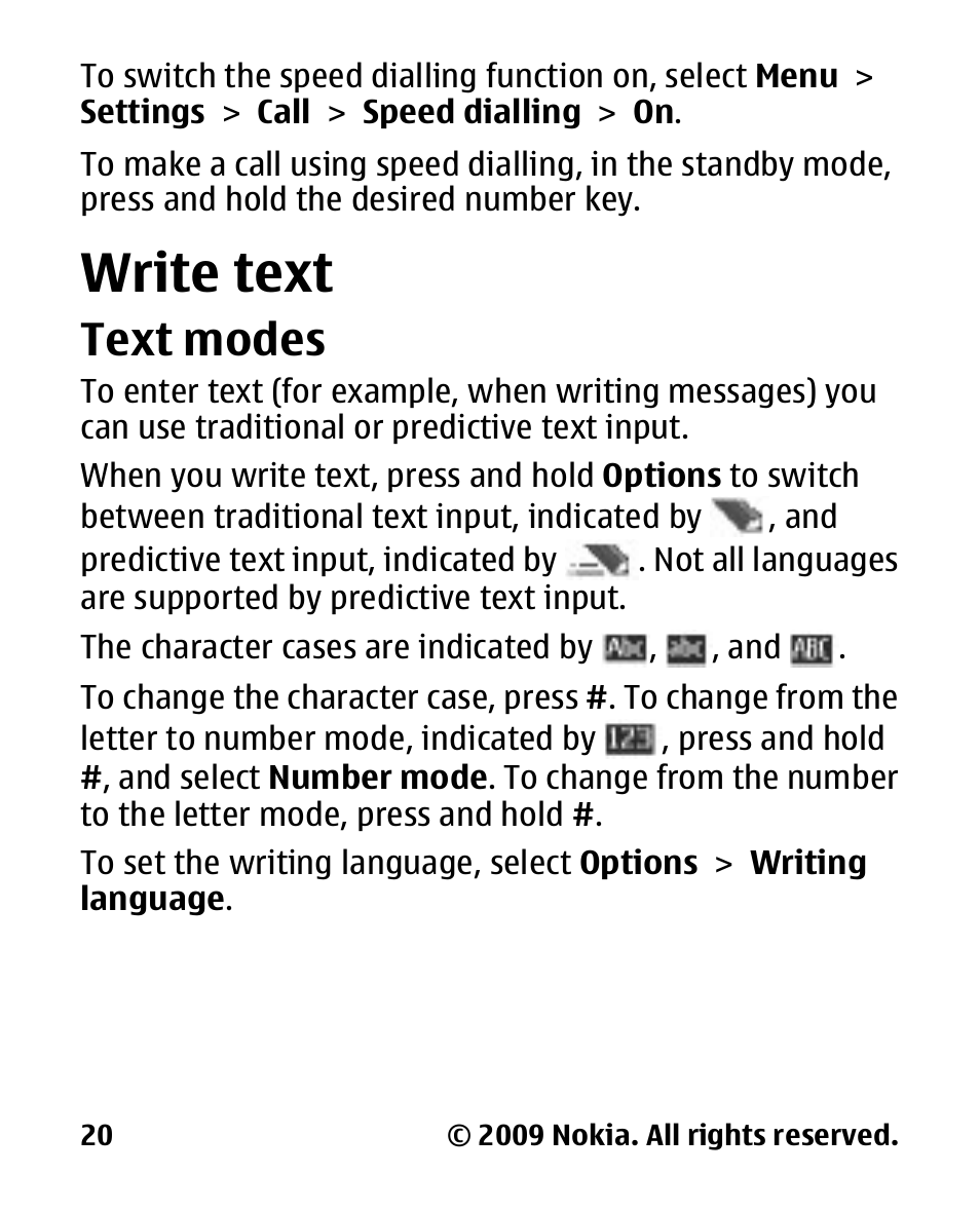 Write text, Text modes | Nokia 2330C User Manual | Page 21 / 70